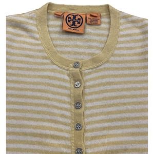 Tory Burch Sweater Womens Small 100% Cashmere Yellow Striped Logo Buttons
